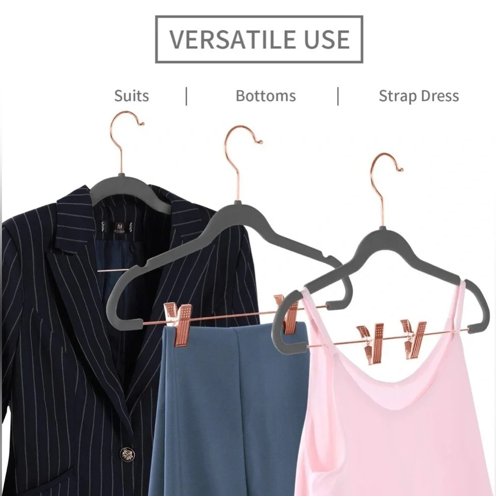 Premium Velvet Space Saver Hangers w/ Clips Rose Gold Hooks, Grey (20 pack)